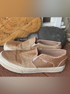 Vans Size 7 Slip-On Glitter Sneakers in Rose Gold